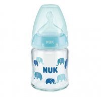 NUK FIRST CHOICE+ butelka niemowlęca szklana 0-6 miesięcy 120 ml NIEBIESKA ze smoczkiem (747.114C)