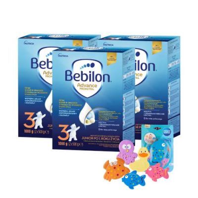 Zestaw Bebilon 3 z Pronutra Advance proszek, 3 x 1000 g + Canpol Babies zestaw zabawek do kąpieli z przyssawkami, 5 szt.