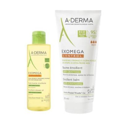 A-Derma Exomega Control Zestaw Balsam emolient przeciw drapaniu, 200 ml + Olejek emolient pod prysznic, 50 ml