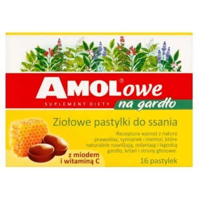 AMOLowe Na gardło Ziołowe pastylki do ssania z miodem i witaminą C, 16 szt.