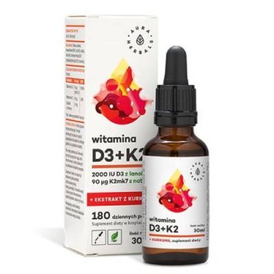 AURA HERBALS Witamina D3 2000 IU + K2mk7 + ekstrakt z kurkumy, 30 ml