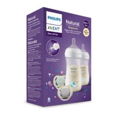 Avent Natural Response Zestaw Baby Gift Butelka antykolkowa 1m+ 260ml, 2szt + Smoczek 0-6m, 2szt. SCD837/11