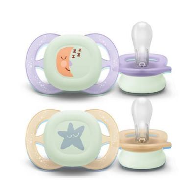 AVENT Ultra Start Nighttime Smoczek uspokajający świecący w ciemności 0-2m (fioletowy/żółty), 2szt.