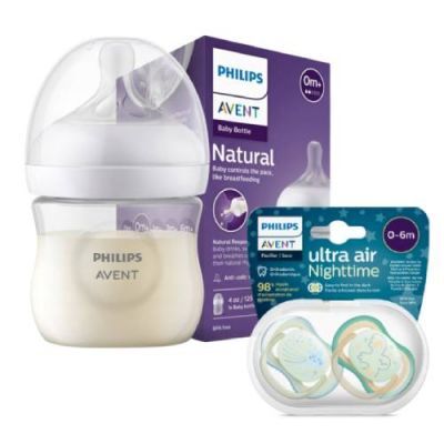 AVENT Zestaw Butelka responsywna Natural SCY900/01, 125 ml + smoczek uspokajający Ultra air 0-6 m SCF376/18, 2szt.