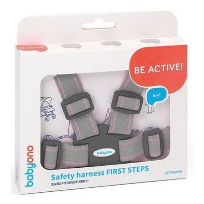 BABYONO Szelki dla dzieci spacerowe i do wózka FIRST STEPS 6m+ Różowo - Szare, 1szt.