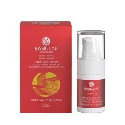 BASICLAB Esteticus Emulsyjne serum na noc z retinolem, witaminą C i koenzymem Q10, 15ml KRÓTKA DATA 30.11.2025