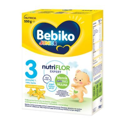 Bebiko Junior 3 NutriFlor Expert Odżywcza formuła na bazie mleka dla małych dzieci powyżej 1. roku życia smak waniliowy, 550 g