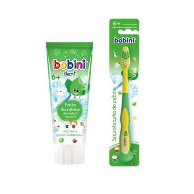 Bobini Dent Pasta do zębów miętowa guma balonowa 6+, 75 ml + Szczoteczka do zębów miękka, 1 szt.