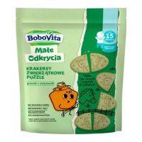 BoboVita Małe Odkrycia Krakersy pszenno-orkiszowe z groszkiem i nutą bazylii dla dzieci 15m+, 105 g