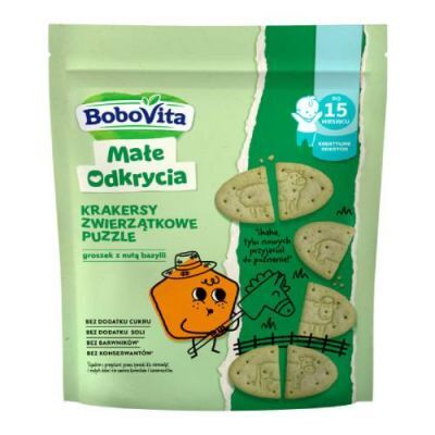 BoboVita Małe Odkrycia Krakersy pszenno-orkiszowe z groszkiem i nutą bazylii dla dzieci 15m+, 105 g