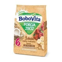 BoboVita Porcja zbóż Kaszka mleczna 3 zboża malina-truskawka-banan po 6 miesiącu, 210 g KRÓTKA DATA 15.10.2026