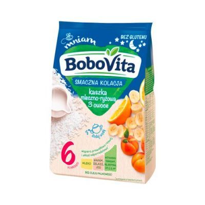 BoboVita Smaczna Kolacja Kaszka mleczno-ryżowa 3 owoce po 6 miesiącu, 230 g