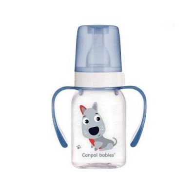 CANPOL BABIES Cute Animals Butelka wąska z uchwytem niebieski pies, 120ml 11/823