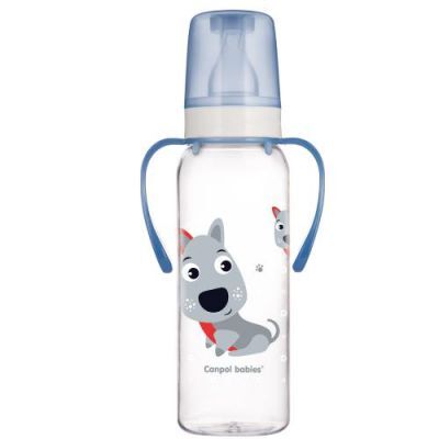 CANPOL BABIES Cute Animals Butelka wąska z uchwytem niebieski pies, 250ml 11/845 12m+