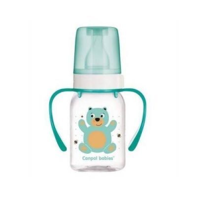 CANPOL BABIES Cute Animals Butelka wąska z uchwytem turkusowy miś, 120ml 11/823