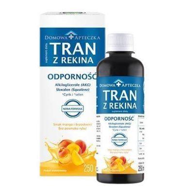 DOMOWA APTECZKA Tran z rekina o smaku mango-brzoskwinia emulsja, 250ml (nowa formuła) KRÓTKA DATA 31.08.2026