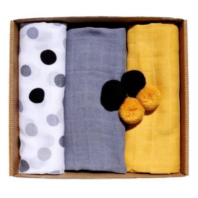 EGA KIDS Pieluszki muślinowe Eco Pompony 60x80cm żółto-szare zestaw nr 1 (2546), 3szt.