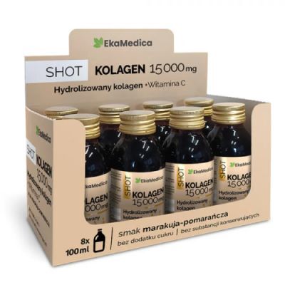 EkaMedica Shot Kolagen 15 000mg z witaminą C smak marakuja-pomarańcza, 8 x 100 ml