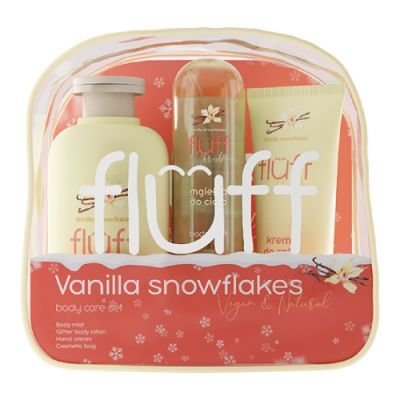 FLUFF Vanilla Snowflakes Zestaw prezentowy: Brokatowy balsam do ciała, 200ml + Mgiełka do ciała, 80ml + Krem do rąk, 50ml