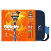 Gillette Fusion5 Zestaw Maszynka do golenia dla mężczyzn + Wymienne ostrza, 4 szt. + Żel do golenia Sensitive, 200 ml + Kosmetyczka