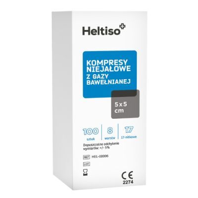 Heltiso Kompresy niejałowe z gazy bawełnianej 5x5cm 8warstwowe 17nitkowe, 100 szt.