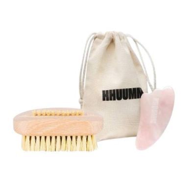 HHUUMM Masażer z kwarcu do twarzy Gua Sha różowy + Szczoteczka do rąk i paznokci z tampico