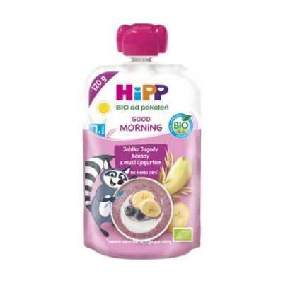 HiPP BIO Good Morning Mus owocowy jabłka jagody banany z musli i jogurtem po 1. roku, 120 g