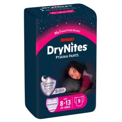 HUGGIES DRYNITES GIRLS 8-13 lat (30-48kg) pieluchomajtki, 9 sztuk