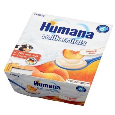 HUMANA Deserki mleczne Milk Minis o smaku brzoskwiniowym po 6. miesiącu,  4 x 100g   KRÓTKA DATA 19.01.2025