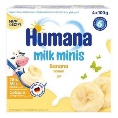 HUMANA milk minis deserek jogurtowy o smaku bananowym, po 6. miesiącu. 4x 100g KRÓTKA DATA 22.01.2025