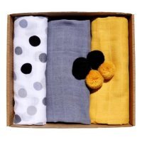 EGA KIDS Pieluszki muślinowe Eco Pompony 60x80cm żółto-szare zestaw nr 1 (2546), 3szt.