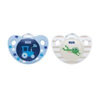 NUK Trendline Silikonowy smoczek uspokajający 6-18m Boy Lokomotywa/Żaba, 2szt.