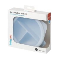 BabyOno Silikonowy talerz dla dzieci z przyssawką i przykrywką niebieski, 1 szt.