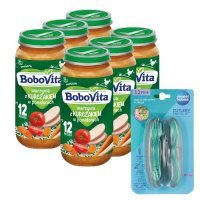 Zestaw BoboVita Warzywa z kurczakiem w pomidorach po 12 miesiącu, 6 x 250 g + Canpol Babies Zestaw sztućców w etui, 1 szt.