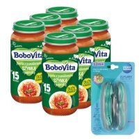 Zestaw BoboVita Pasta z pomidorami, szynką i papryką po 15. miesiącu, 6 x 250g + Canpol Babies Zestaw sztućców w etui, 1 szt.