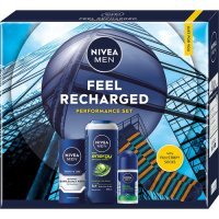 Nivea Men Feel Recharged Zestaw kosmetyków dla mężczyzn Nawilżający krem do twarzy, 75 ml + Żel prysznic, 250 ml + Antyperspirant Roll-On, 50 ml + Skarpetki męskie, 1 para