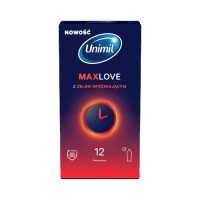Unimil Max Love Prezerwatywy lateksowe nawilżane z żelem opóźniającym, 12 szt.