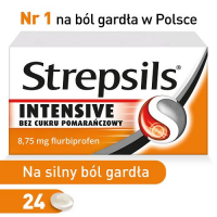 STREPSILS INTENSIVE 24 pastylki do ssania o smaku pomarańczowym BEZ CUKRU