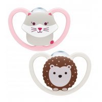 NUK SPACE silikonowy smoczek uspokajający 0-6 miesiąca KOTEK / JEŻYK 2 sztuki (730.313B)