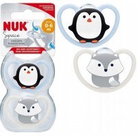 NUK SPACE silikonowy smoczek uspokajający 0-6 miesiąca PINGWIN / SZARY LIS 2 sztuki (730.313A)