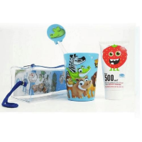 DR SCOTT ZESTAW Szczoteczka z minutnikiem + zatyczka + kubek + pasta do zębów SOCZYSTA TRUSKAWKA