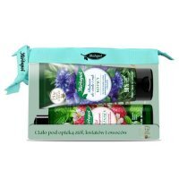 HERBAPOL Zestaw Nawilżający żel pod prysznic Mięta Malina Melisa, 400 ml + Kojący balsam do ciała i rąk, 200 ml + kosmetyczka