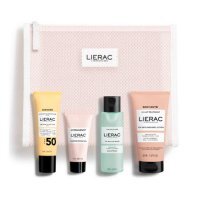 Lierac Zestaw podróżny Emulsja ochronna SPF50+, 25 ml + Nawilżający krem rozświetlający, 15 ml + Woda micelarna, 50 ml + Balsam regenerujący do ciała, 50 ml + kosmetyczka