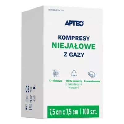 KOMPRESY Z GAZY NIEJAŁOWE 8-warstwowe  7,5 cm x 7,5 cm 100 sztuk APTEO CARE