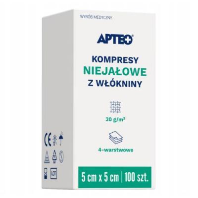 KOMPRESY Z WŁÓKNINY NIEJAŁOWE 4-warstwowe  5 cm x 5 cm 100 sztuk APTEO CARE