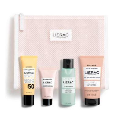 Lierac Zestaw podróżny Emulsja ochronna SPF50+, 25 ml + Nawilżający krem rozświetlający, 15 ml + Woda micelarna, 50 ml + Balsam regenerujący do ciała, 50 ml + kosmetyczka