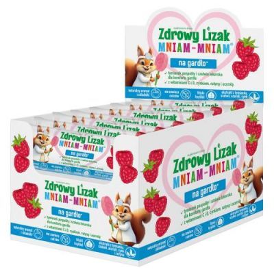 Lizak MNIAM-MNIAM Na Gardło o smaku malinowym DISPLAY 40 sztuk