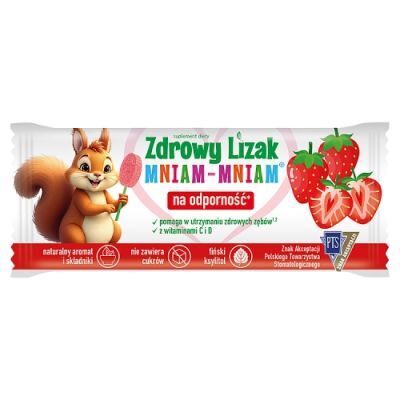 Lizak MNIAM-MNIAM Na Odporność bez cukru o smaku truskawkowym ŁEZKA 1 sztuka