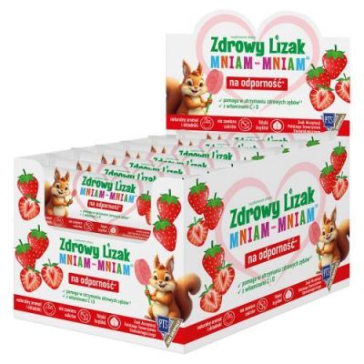 Lizak MNIAM-MNIAM Na Odporność bez cukru o smaku truskawkowym ŁEZKA DISPLAY 40 sztuk