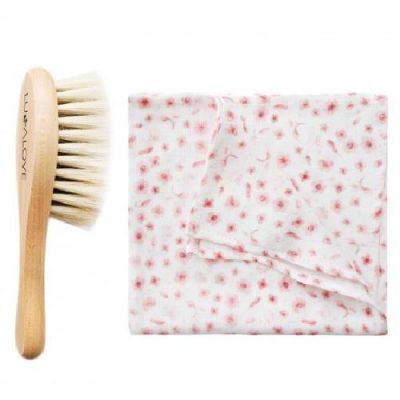 LULLALOVE Szczotka miękka z koziego włosia + myjka muślinowa Kwiaty Róż